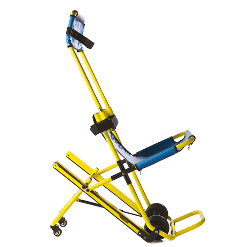 blue color evacuation chair with yellow frame foot rest and track